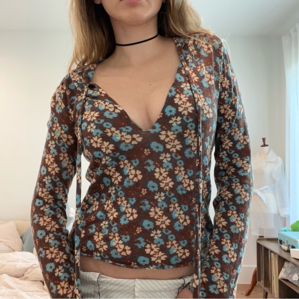 Free People brown blue  floral Wrap long sleeve